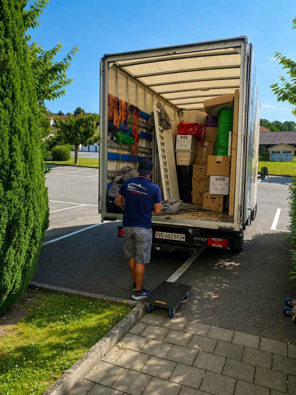 Un déménageur remonte la rampe, chargement sanglé derrière lui