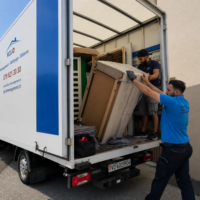 Le camion de ROJ, rideau ouvert, pendant un chargement