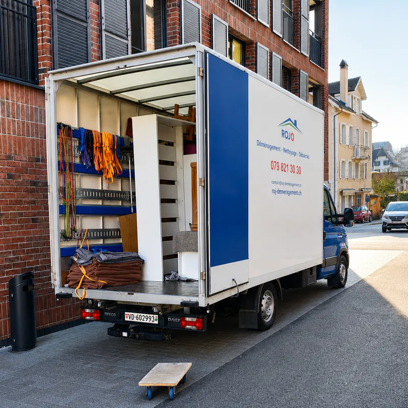 Le camion de ROJ et sa rampe devant un immeuble de Payerne